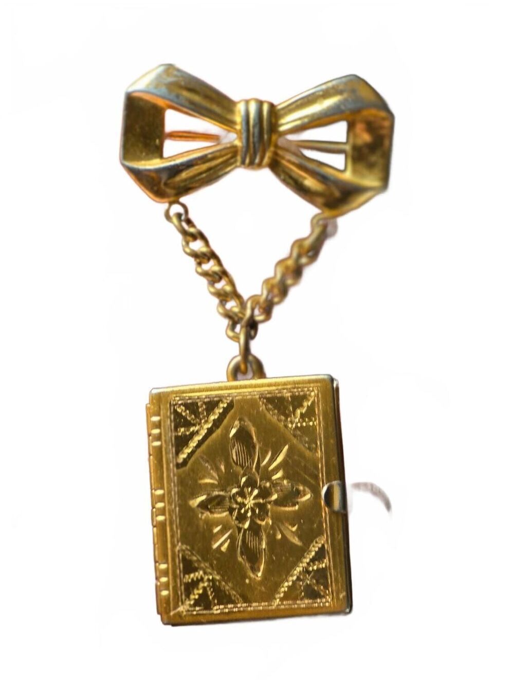 Vintage 1940s Gold Tone Book Photo Locket Bow Brooch Pin